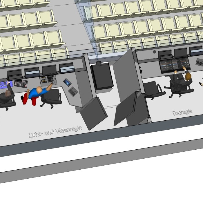 3D-Illustration einer technischen Regie mit Licht-, Video- und Tonsteuerung, dargestellt hinter einem Auditorium mit Sitzreihen.